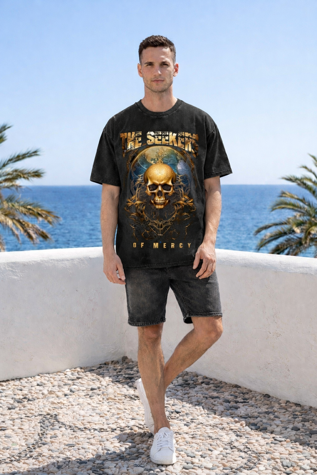The Seekers Skull Graphic T-Shirt β Acid Washed Streetwear | REBEL BRAND