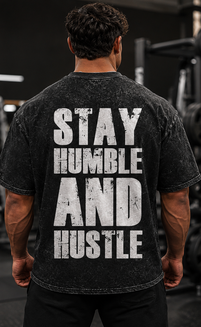 No Days Off / Stay Humble and Hustle Oversized Acid Wash Gym T-Shirt | Motivational Fitness Graphic Tee