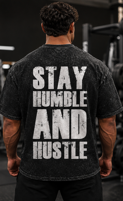 No Days Off / Stay Humble and Hustle Oversized Acid Wash Gym T-Shirt | Motivational Fitness Graphic Tee
