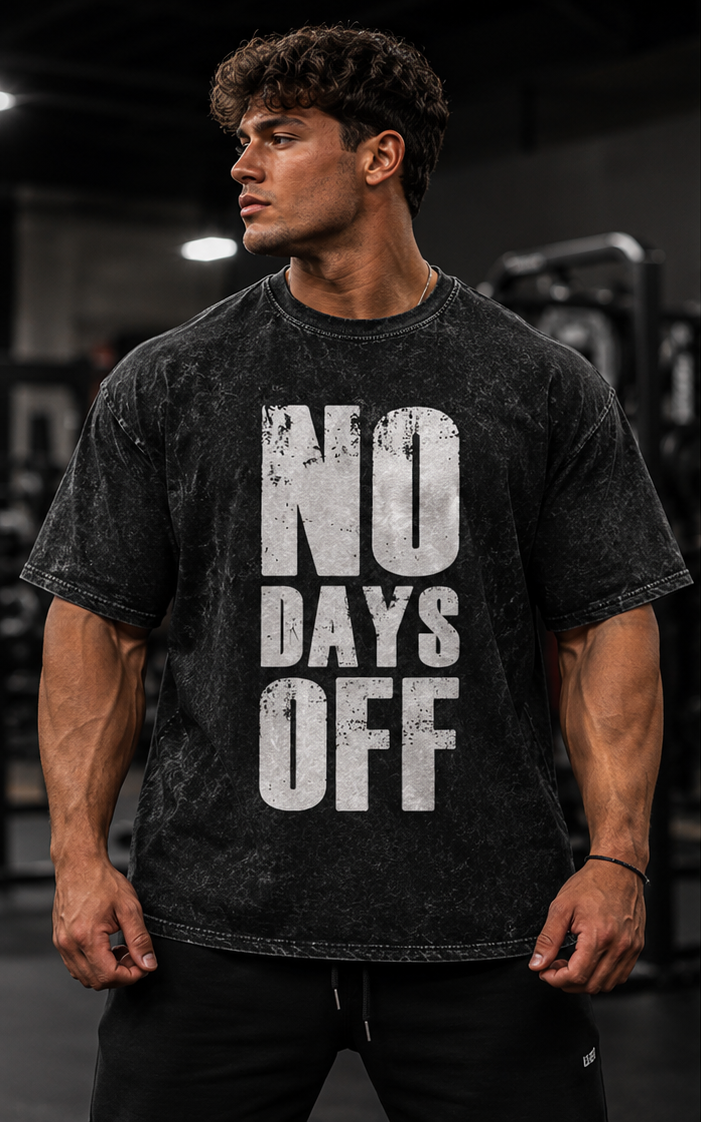 No Days Off / Stay Humble and Hustle Oversized Acid Wash Gym T-Shirt | Motivational Fitness Graphic Tee